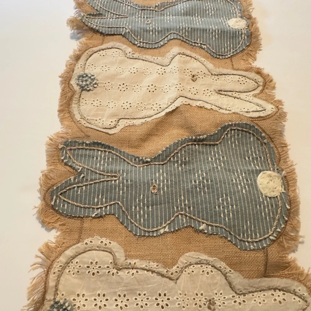 Shabby Chic Jute Bunny Table Runner Tan Blue Eyelet Easter Farmhouse 54x16